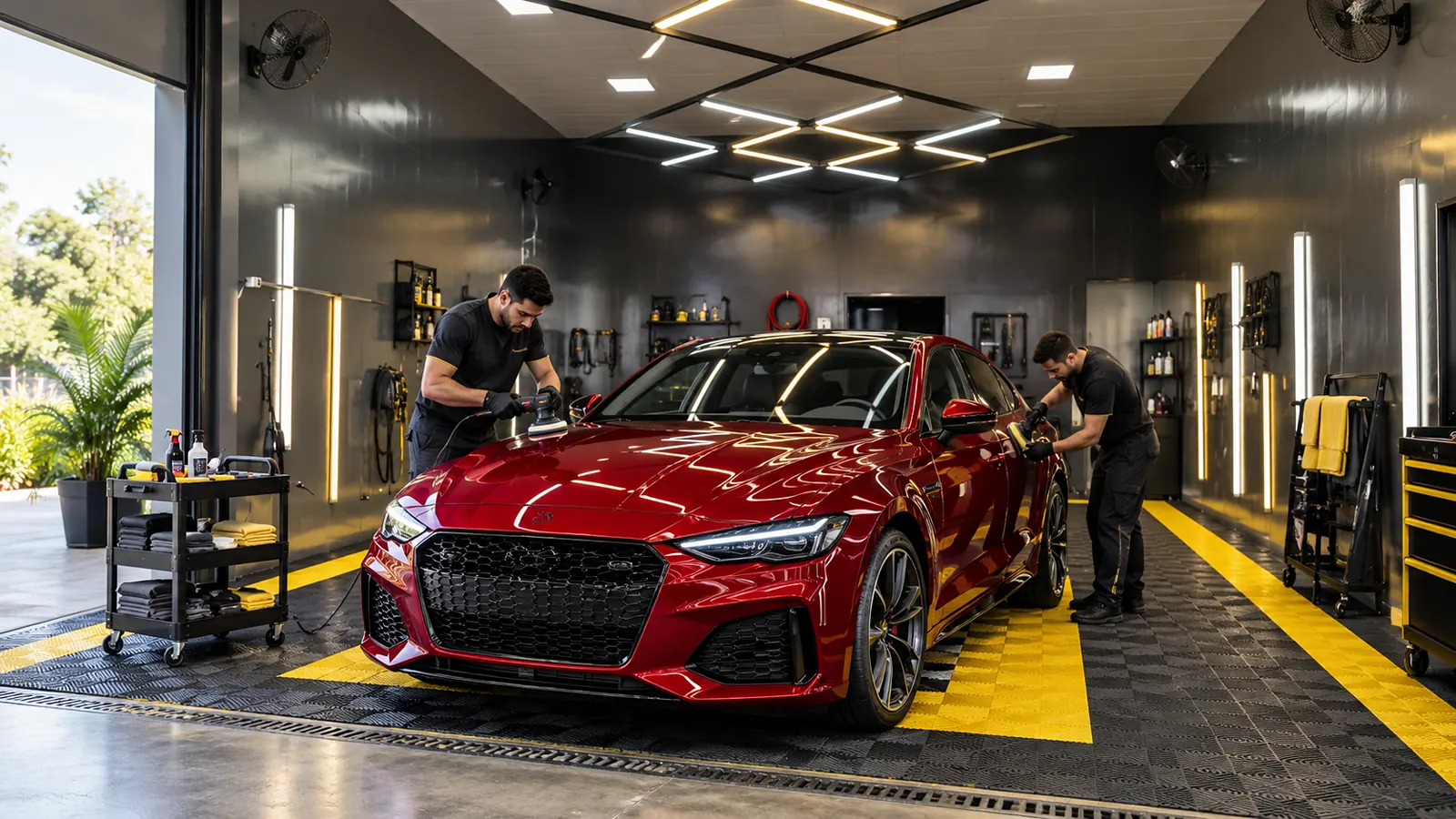 Cabine de estética automotiva com um carro em polimento, sob luz de trabalho